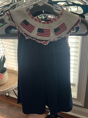 Girls Navy Smocked Dress with Flag Detail